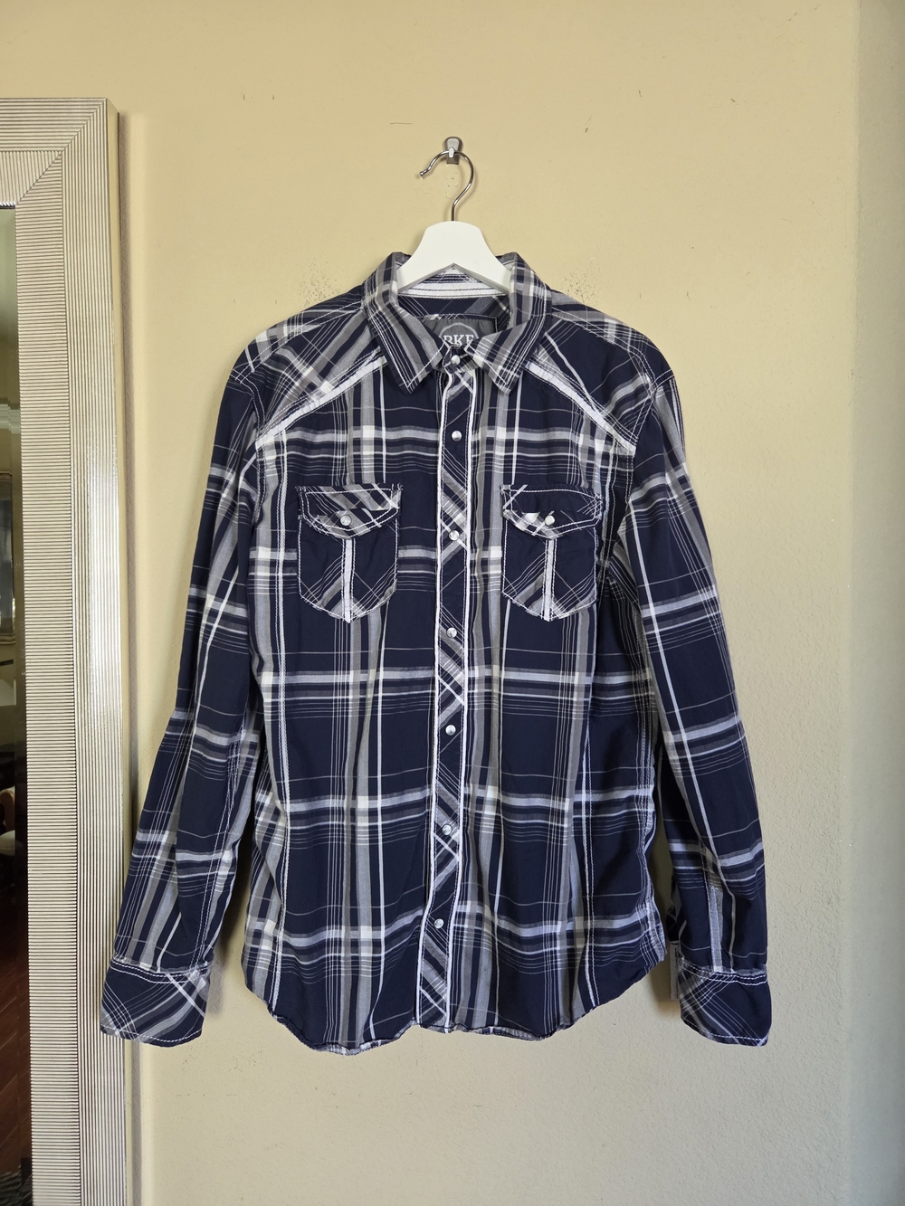 BKE Navy and White Plaid Athletic Fit Button-Down Shirt